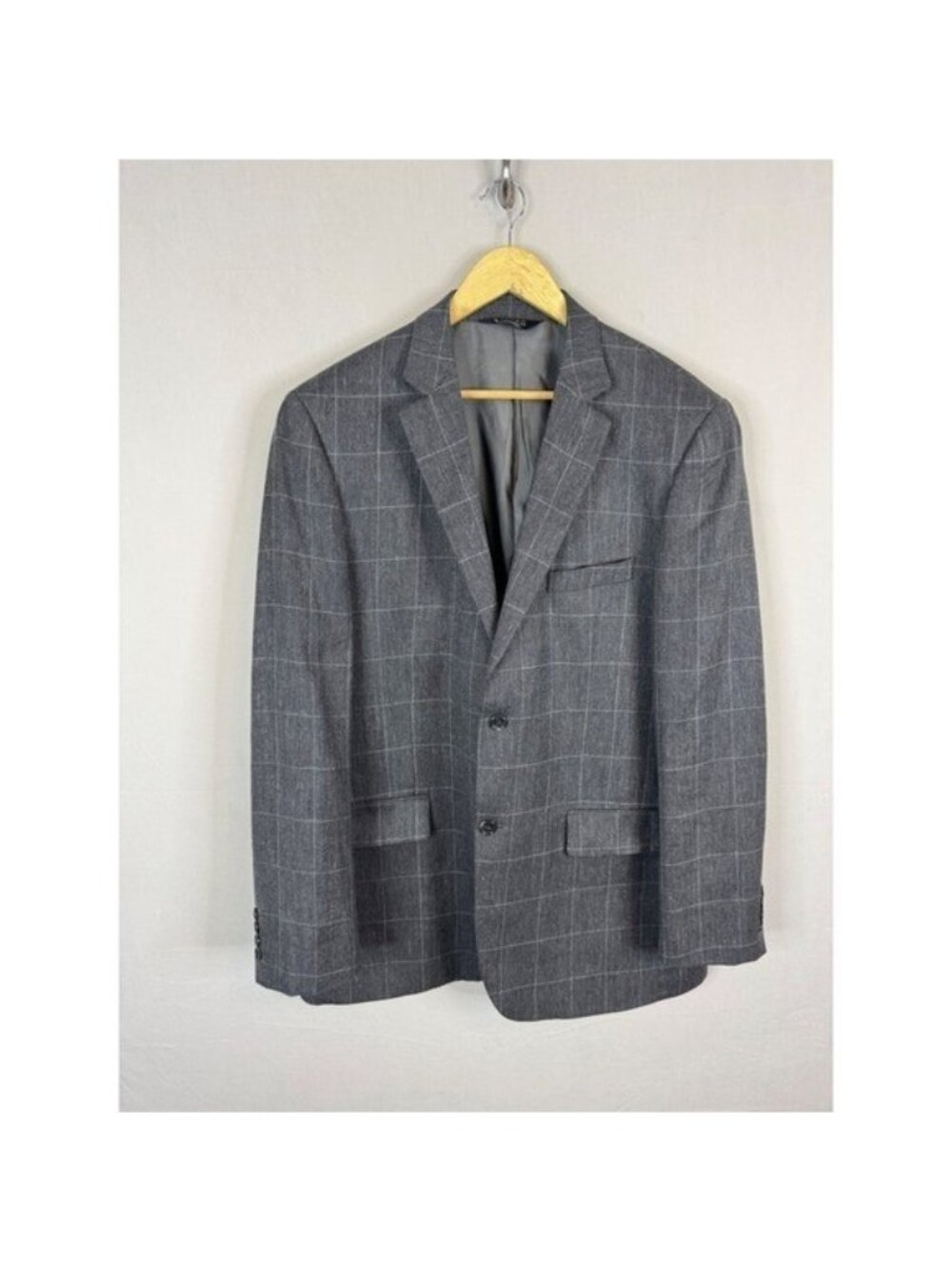 Alfred Sung Mens Grey Windowpane Wool Silk Linen Blend Blazer Jacket 44 X-Long